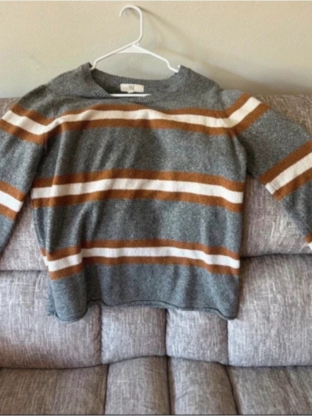 Women's Gray Crewneck Sweater with Brown and White Stripes